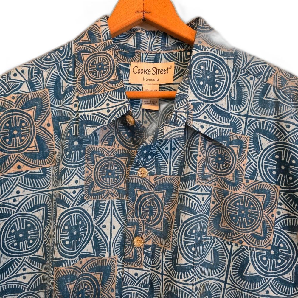 Cooke Street Honolulu Hawaiian Camp Shirt Aloha Beach Blue Geometric Men's SZ L